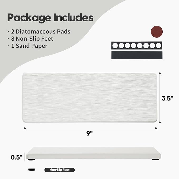 2PCS White Water Absorbing Diatomite Stone Drying Soap Dish Sink Vanity Tray for Bathroom/Kitchen Counter, Sponge Holder Mat Dispenser Rack Faucet Splash Guard Caddy Organizer, 9"x3.5" - Image 6