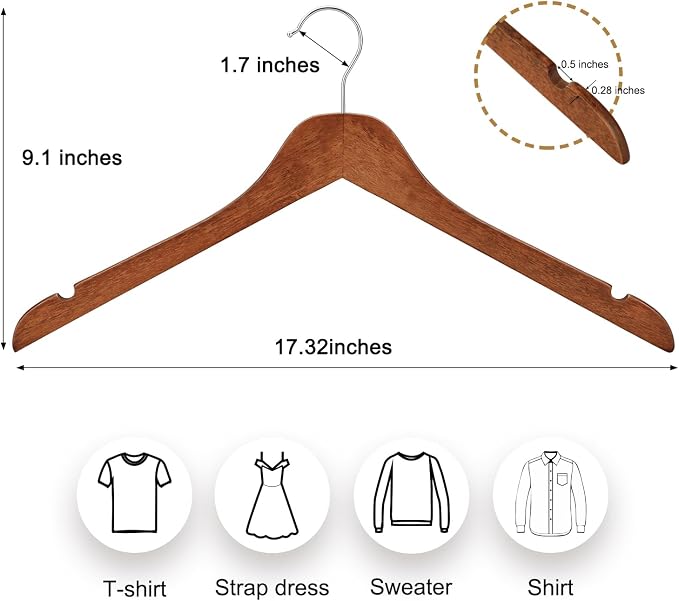 TOPIA HANGER Wooden Hangers 30 Pack, 0.28-inch Thick Slim Wood Clothes Hanger with Flat Design and Smooth Notches, Lightweight Space Saving Hangers for Shirt, Coat, Camisole (Walnut)-CT31WA - Image 2