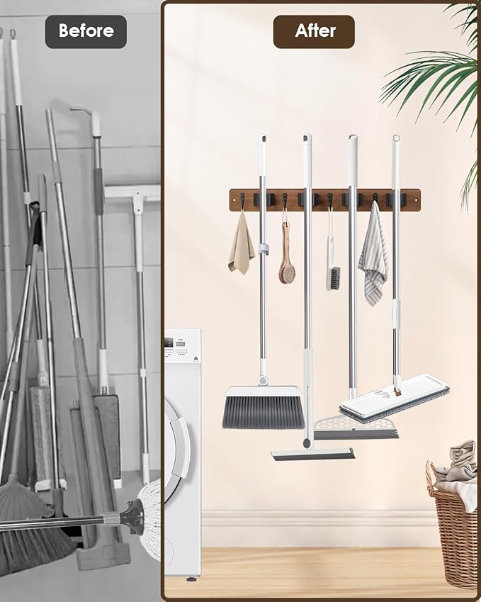 Broom Holder Wall Mount, 4 Holders 4 Hooks Mop and Broom Organizer - Image 2