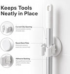 Broom and Mop Holder, Wall Mounted Round Clips, White ABS, No Drill Adhesive, 3 Pieces, Cleaning Tool Organizer for Kitchen, Bathroom, Garage - Image 5