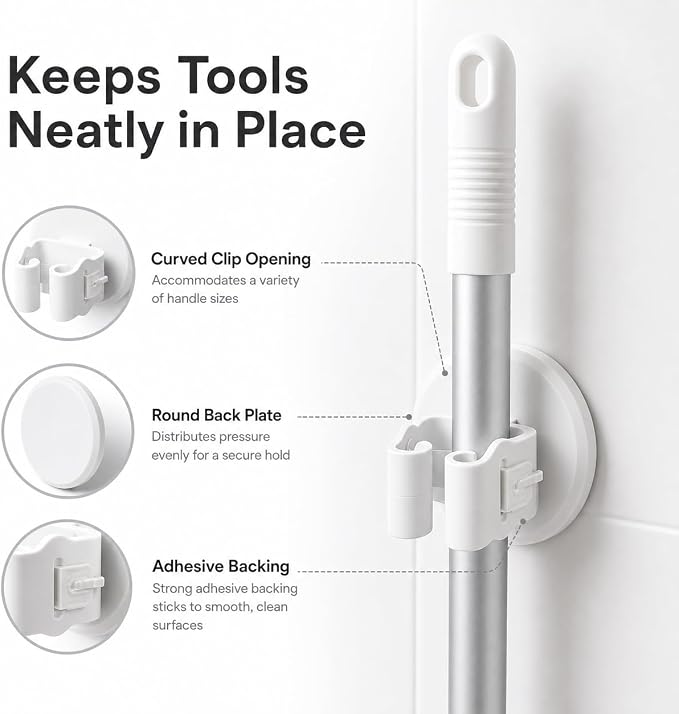 Broom and Mop Holder, Wall Mounted Round Clips, White ABS, No Drill Adhesive, 3 Pieces, Cleaning Tool Organizer for Kitchen, Bathroom, Garage - Image 5