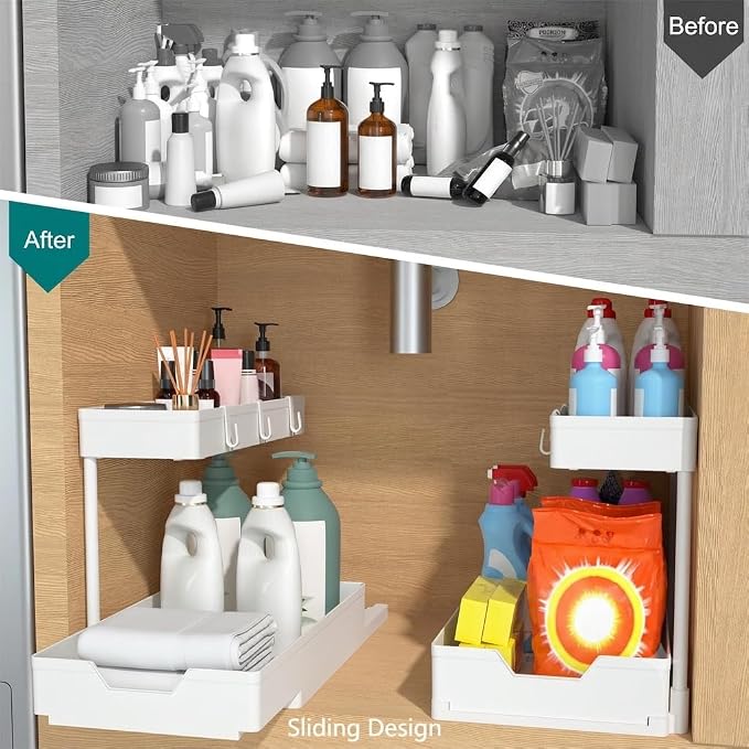 NATURE'S SOURCE 2-Tier Under Sink Organizers and Storage 2 Pack Sliding L-shape Under Cabinet Organizers For Narrow Space Multi-purpose Sink Organizer for Bathroom Kitchen Drawer(White 2 Pack) - Image 2