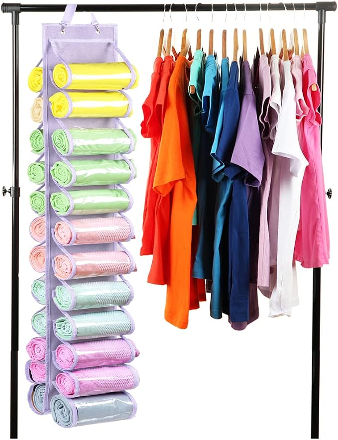 Legging Storage Bag Storage Hanger Can Holds 24 Leggings or Shirts Jeans Compartment Storage Hanger, Foldable Leggings Organizer Clothes Portable Closets Roll Holder (Light Purple) - Image 5