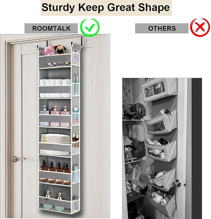 Over The Door Organizer 6-Shelves and 12 Side Pockets, Over The Door Storage for Bathroom Bedroom Nursery, Hanging Door Organizers for Baby Diapers and Kids Toys (13"x5"x54", Grey) - Image 3