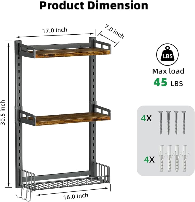 Kalrin 3 Tier Bathroom Shelves Over Toilet - Wall Mounted Floating Shelves with Drain Basket, Toilet Paper Storage, Height Adjustable Over The Toilet Storage, Vintage Brown - Image 2