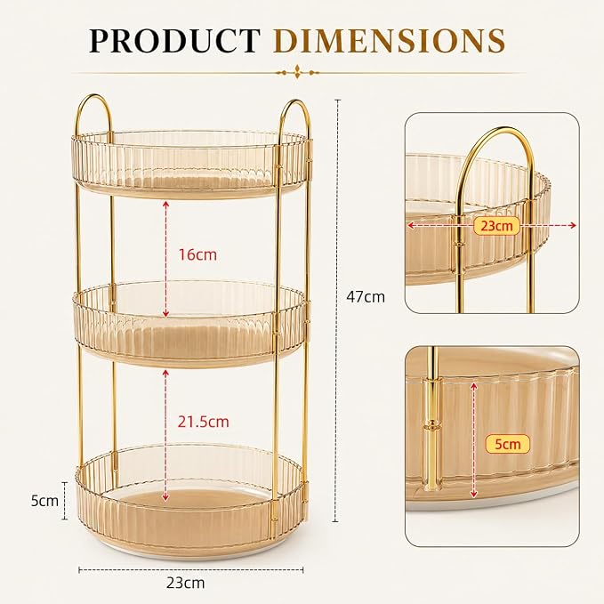 360° Rotating Organizer, Lazy Susan Bathroom Counter Organizer for Perfume, Skincare, Makeup & Cosmetic Storage, Vanity Countertop Organizer, Gold, 3-Tier - Image 4