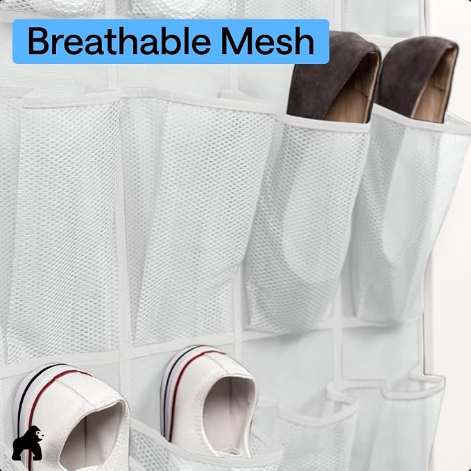GORILLA GRIP Over the Door Shoe Organizer, 24 Large Pockets, White | Breathable Mesh Pocket, Space Saving Hanging Storage Holder, Closet Rack Hanger for Shoes, Pantry and Bathroom Accessories - Image 5