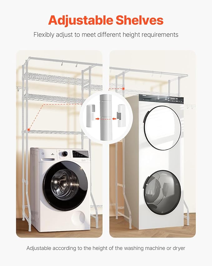 VEVOR Over The Washer and Dryer Storage Shelf, 6 Tier Laundry Room Drying Rack with Hanger Rod and Hooks, Adjustable Over Washer and Dryer Shelves, Laundry Room Shelf Storage Space Saver, White - Image 5