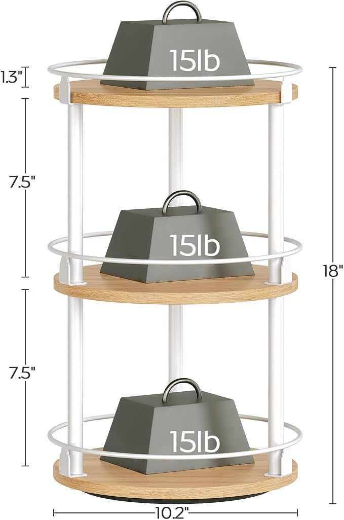 YATINEY 3-Tier Lazy Susan Organizer, Rotating Spice Rack, Spinning Organizer, Industrial Turntable Spice Rack Organizer for Cabinet, Kitchen Countertop, Pantry, White and Natural SR23WN - Image 9