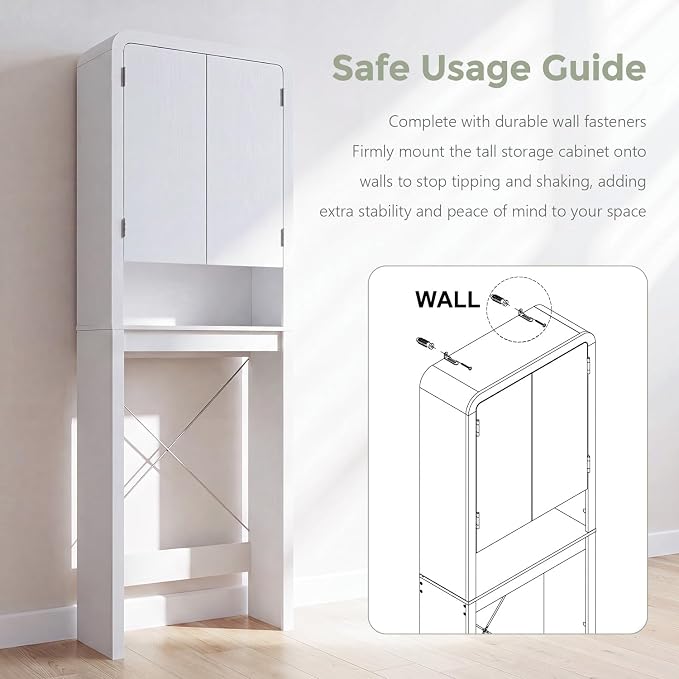 Over the Toilet Storage Cabinet, 69.69" Curved Bathroom Storage Organizer Cabinet with Doors and Adjustable Shelves, Wooden Free Standing Toilet Space Saver Rack, White - Image 6