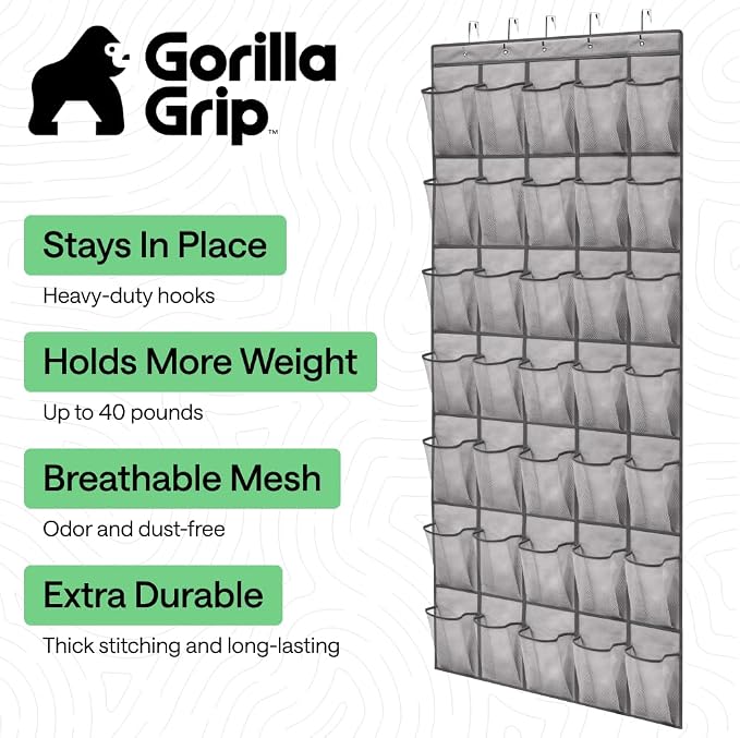 GORILLA GRIP Over the Door Shoe Organizer, 35 Large Pockets, Gray | Breathable Mesh Pocket, Space Saving Hanging Storage Holder, Closet Rack Hanger for Shoes, Pantry and Bathroom Accessories - Image 2