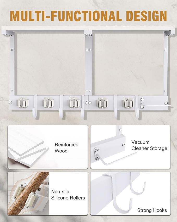 Large Broom Holder Wall Mount with Shelf, Vacuum Organizer, 5 Slots 5 Hooks - Image 9
