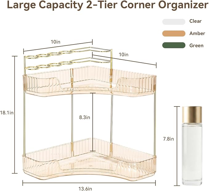 2-Tier Corner Bathroom Counter Organizer with Makeup Brush Holder, Gold - Image 2