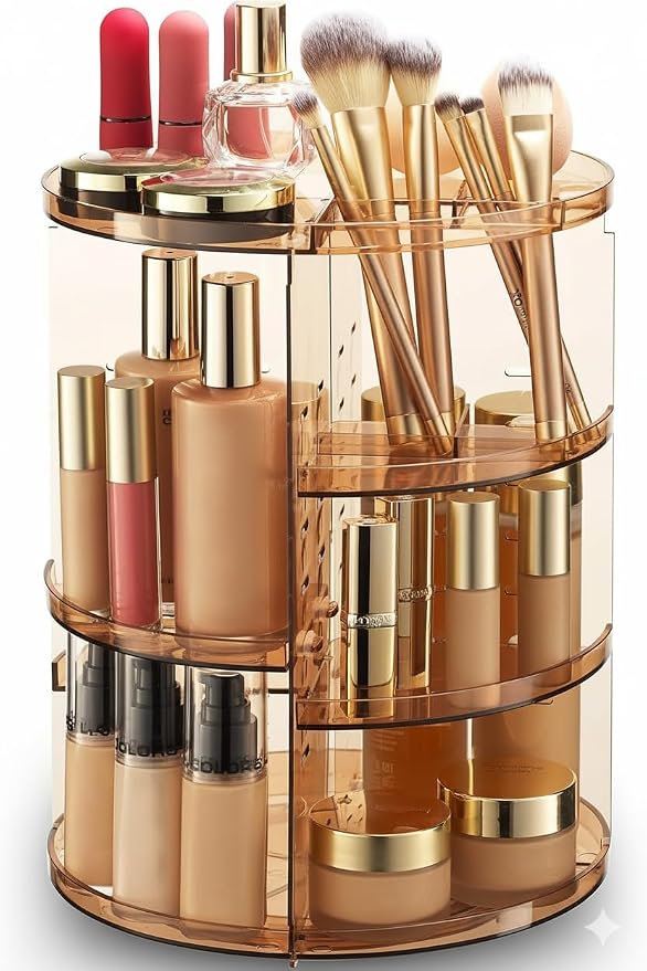 Masirs 360 Rotating Makeup Organizer Countertop, Adjustable Shelf, Brown by Masirs