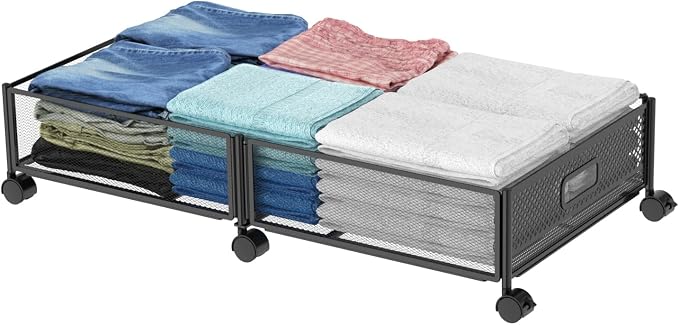 Under Bed Storage on Wheels, Upgraded 31.5 inch Large Rolling Under Bed Storage, Metal Foldable Underbed Drawers Organizer Tool-free Assembly Underbed Shoes Clothes Organize by NONKKY