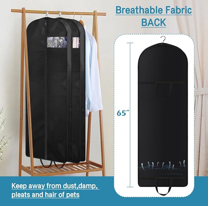 KIMBORA 65" Dress Garment Bags for Hanging Clothes Travel, Gusseted Garment Bags for Closet Storage with Handles for Long Gowns, Coats（3 Packs） - Image 7