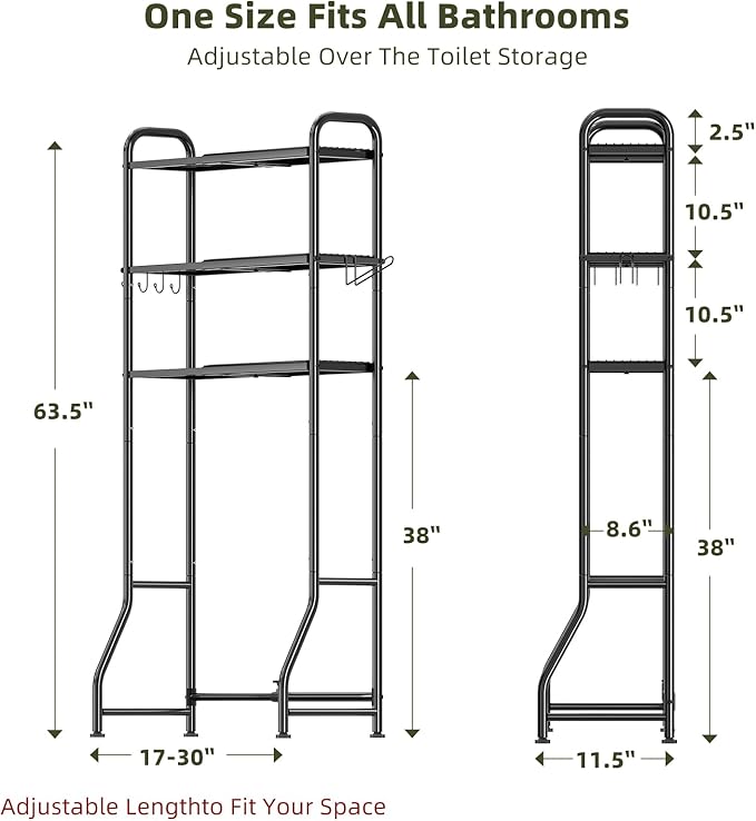 Simple Trending Expandable Over The Toilet Storage Rack, Metal 3 Tier Bathroom Organizer Shelf with Paper Holder and 3 Hooks, Black - Image 3