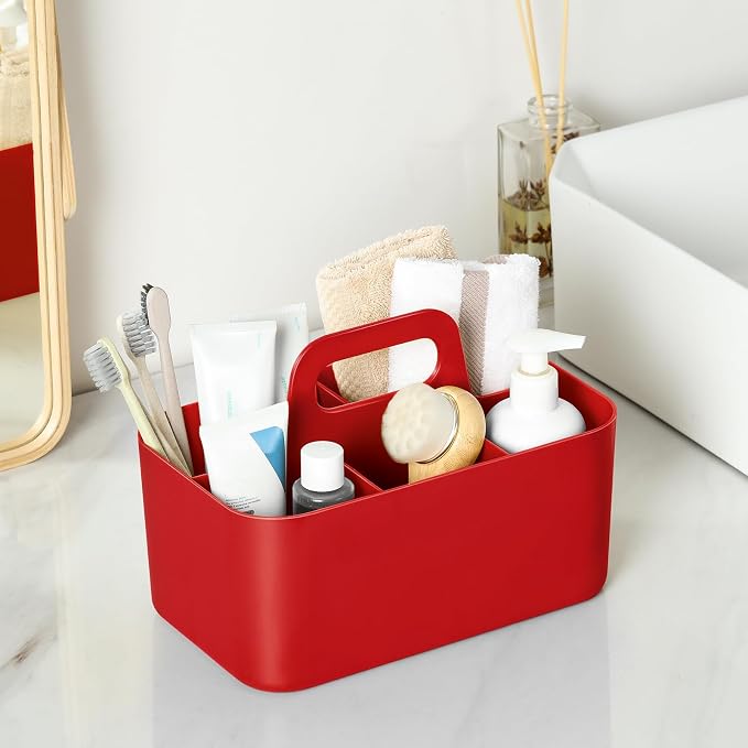 Multiuse Caddy Organizer with Handle, Portable Divided Plastic Tote Bin - Art Craft, Stationary Pen Marker Crayons, Makeup Hair Supplies Storage - Bathroom, Classroom, Dorm, Office, Desk Holder - Red - Image 3