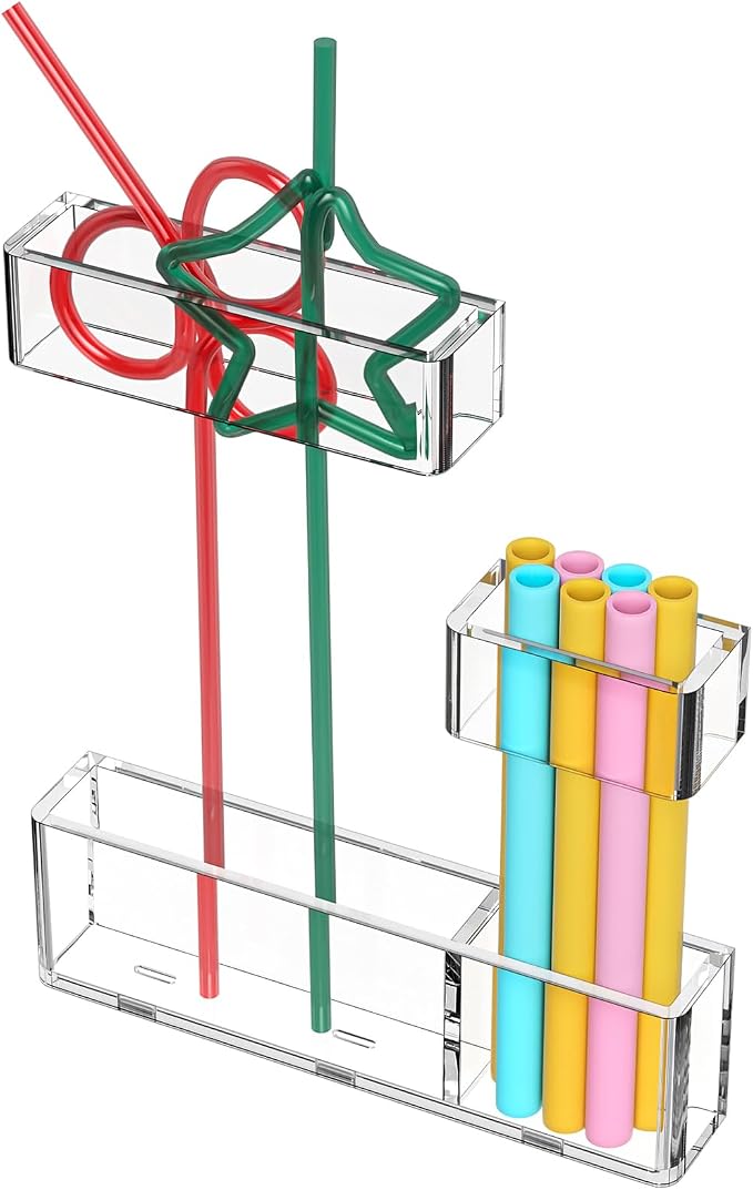 Acrylic Straw Organizer for Cabinet Door - 5.8'' Transparent Adjustable 3-Part Reusable Drinking Straw Holder Dispenser Kitchen Accessories Container Cupboard Door Mounted by ENJOYYOURLIFE