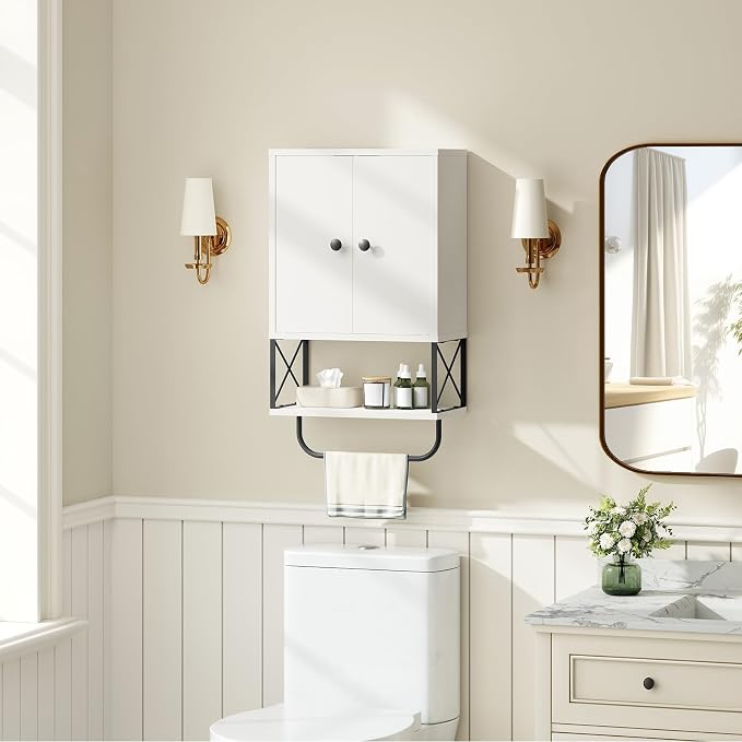 MAHANCRIS Bathroom Wall Cabinet with 2 Door and Adjustable Shelf, Farmhouse Medicine Cabinet with Towel Rack, 3-Tier Wall Mounted Storage Cabinet Over The Toilet for Bathroom Laundry Room, White - Image 2