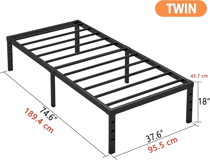 Hafenpo 18 Inch Twin Bed Frame, Under Bed Storage, Black - Image 3