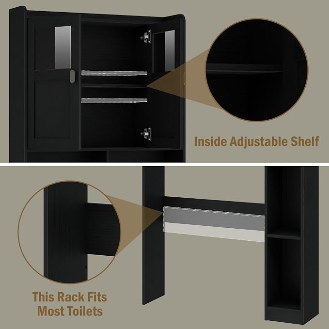 Vabches Over The Toilet Storage Cabinet with Doors and Shelves, Black - Image 7
