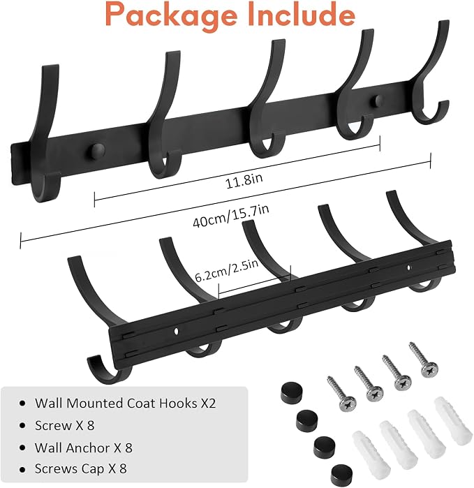Optish Coat Rack Wall Mount, Coat Hook Wall Mount, Wall Hooks for Hanging, Hat Rack for Walls, Coats Hanger with 10 Hook, Towel Hooks for Bathrooms (2 Pack, Black) - Image 4