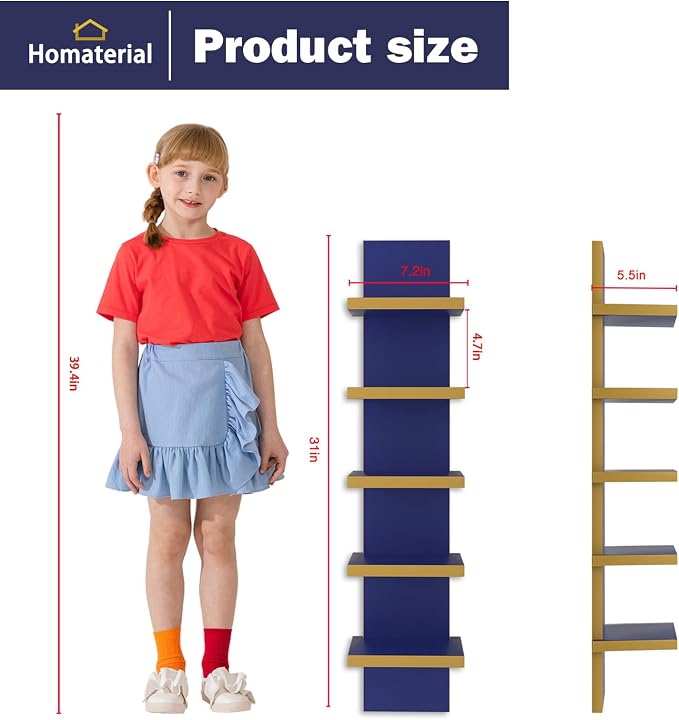 Homaterial 5 Tier Wall Shelf Unit, Decorative Wall Mount Vertical Shelving,Modern Column Floating Shelves for Bedrooms, Bathrooms (Blue) - Image 3