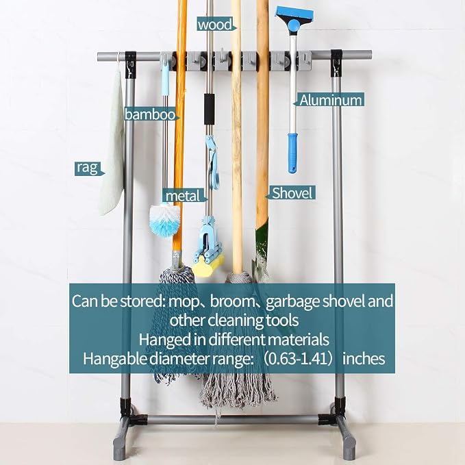 Broom Mop Holder Floor-Mounted mop Rack Cleaning Tool storage for laundry room closet organizer (6racks) - Image 2