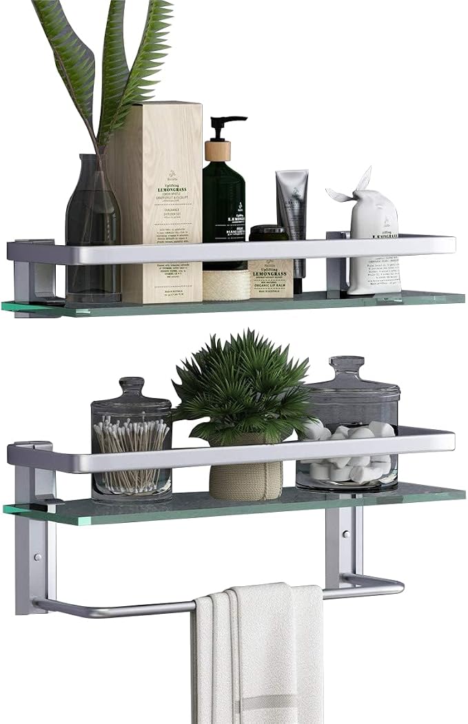 VOLPONE Glass Bathroom Shelf 15.7in Bathroom Shelf Wall Mounted Floating Glass Shelves with Towel Holder Glass Shelf for Bathroom 2 Tier (Sliver) - Image 7