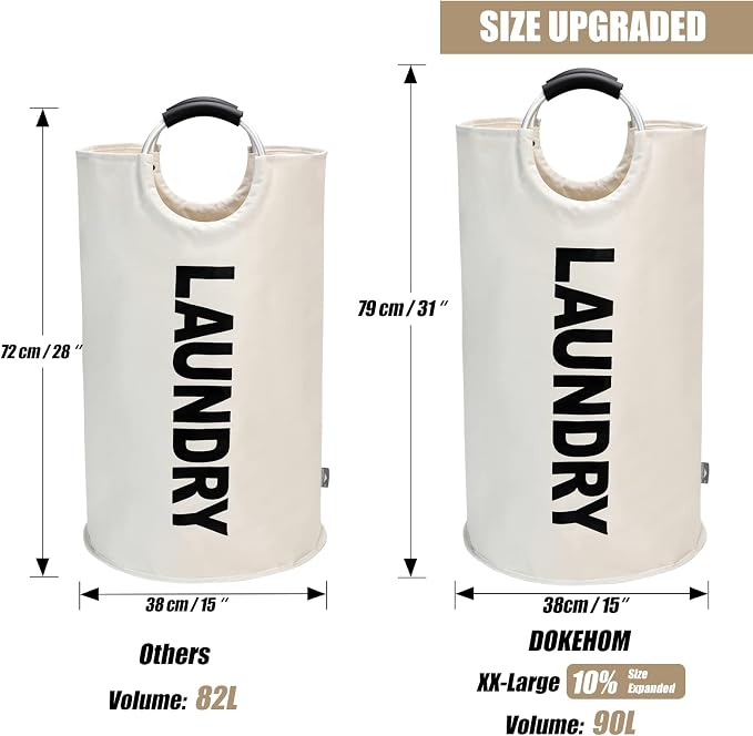 DOKEHOM 90L Large Laundry Basket Bag, Collapsible Tall Hamper, Beige - Image 3