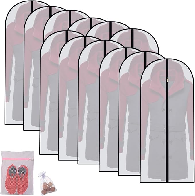 Hanging Garment Bag Suit Bags for Closet Storage (Set of 12) Garment Bags for Hanging Clothes Travel with Zipper for Suit Sweaters Travel Laundry Wardrobe Closet Dust Cover (Black, 24'' x 48'') by HomeClean