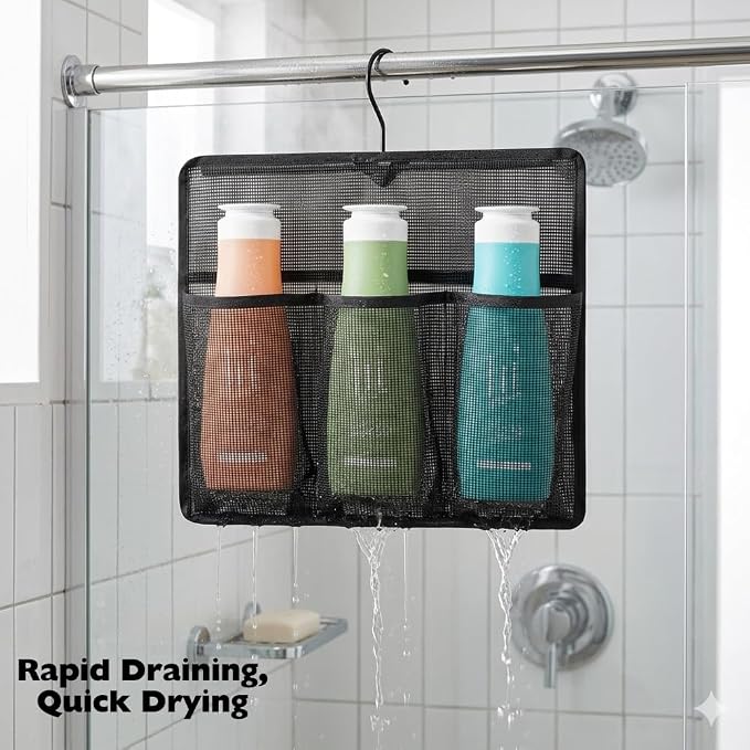 ALYER Mesh Shower Organizer, Shower Caddy with Rotating Detachable Metal Hanger, Quick Dry Bathroom Storage for Toiletry Accessories, Portable Shower Bag for RV, Dorm, Gym and Travel, Gray - Image 5