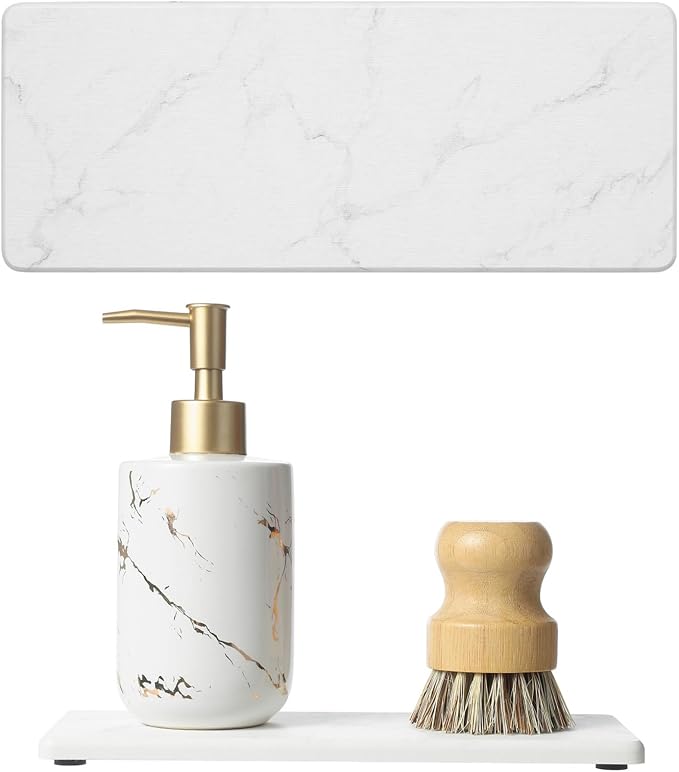 2PCS Water Absorbing Stone Drying Tray for Kitchen Counter & Bathroom Sink, Diatomite Faucet Splash Guard, Soap Dispenser Rack & Sponge Holder Caddy Organizer, Marble White (Printed Pattern), 9"x 3.5" by Razborci