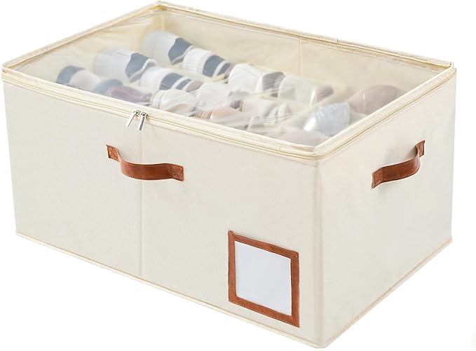INSTY 1 Pack Shoe Organizer for Closet, Shoe Storage Organizer, Adjustable Dividers for Shoe Storage, Fabric Shoe Storage Bins with Clear Cover, Beige by INSTY
