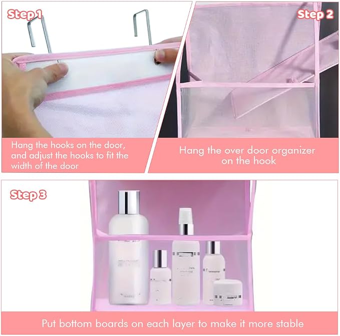 Hanging Closet Organizer, 4 Shelf Over The Door Organizer with 2 Hooks, Space Saving Behind the Door Storage Shelves for Pantry, Bathroom, Bedroom, Nursery(Color:Pink) - Image 5