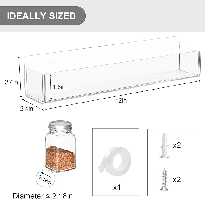 PMMASTO Adhesive Acrylic Spice Rack Organizer for Wall with Nano Double Sided Tape, Spice Shelf Organization for Kitchen Cabinet Door/Pantry Door, Wall Mount Seasoning Rack (Clear-2 Pack) - Image 4