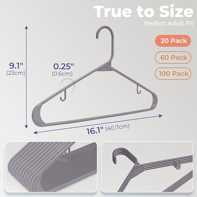 HOUSE DAY Grey Plastic Hangers 20 Pack, Slim Space-Saving Clothes Hangers - Image 3