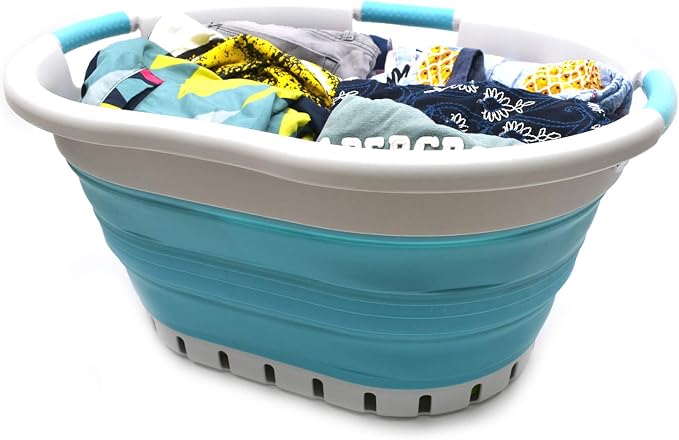 SAMMART 36L (9.5 gallon) Collapsible 3 Handled Plastic Laundry Basket-Foldable Pop Up Storage Container/Organizer-Space Saving Basket (3 handled Oval, Grey/Bright Blue) - Image 8