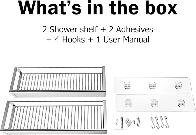 Bathroom Adhesive Shower Caddy Basket Shelf with Hooks, No Drilling Removable Bathroom Shelf Organizer,Stainless Steel Rustproof Shower Rack for Shampoo Storage, Sponge Holder-Silver - Image 9