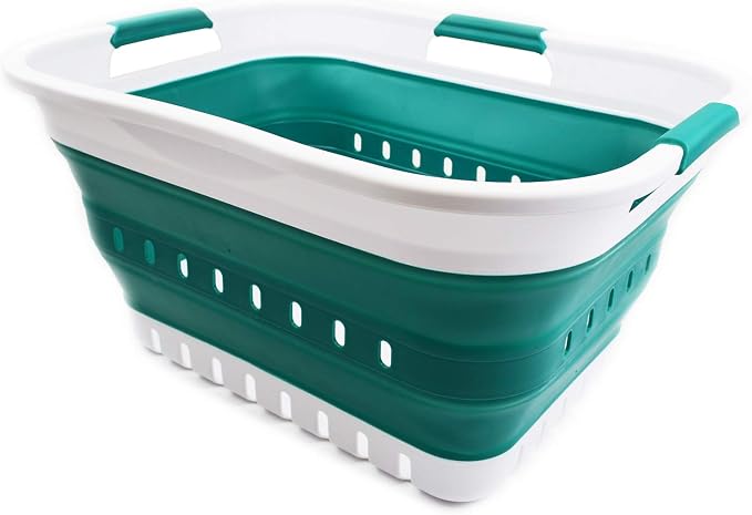SAMMART 30L (8 Gallon) Collapsible 3 Handled Plastic Laundry Basket - Foldable Pop Up Storage Container/Organizer - Space Saving Hamper/Basket (White/Dark Green) by SAMMART
