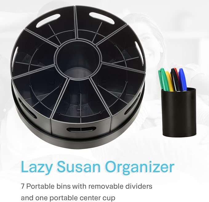 Black Rotating Desk Organizer with Dividers Lazy Susan Caddies for Home School Office Supplies, Pens, Markers and Art Supplies for Classroom - Image 4