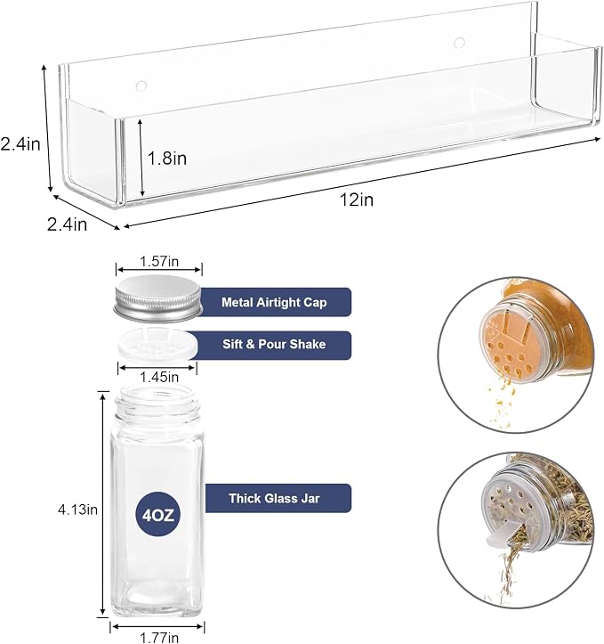 PMMASTO 2-Pack Clear Acrylic Self-Adhesive Spice Racks with 12 Empty Jars - Image 5