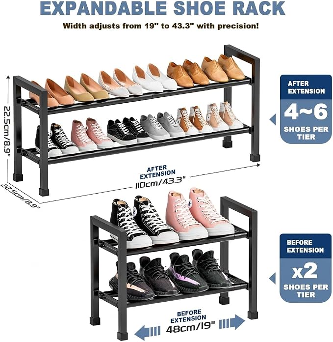 Expandable Shoe Rack, 2-Tier 19"-43.3" Adjustable Shoe Rack for Closet - Image 3
