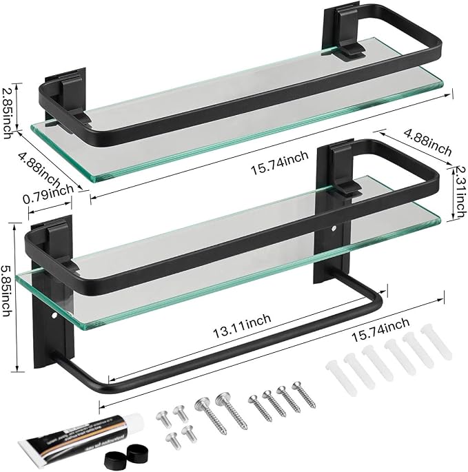VOLPONE Glass Bathroom Shelf with Towel Bar 15.7in Bathroom Wall Shelves Rustproof Metal Bathroom Wall Organizer 2-Tier (Black) - Image 2