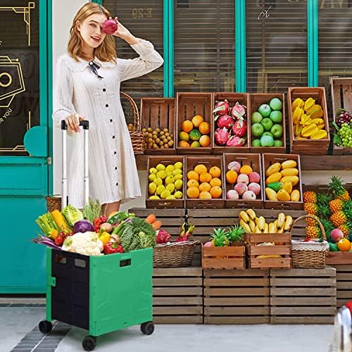 Foldable Shopping Utility Cart Portable Rolling Crate Handcart with 360°Rotate Wheel,Hidden Lid,Telescoping Handle Collapsible for Travel Shopping Moving Storage Office Use(DarkGreen) - Image 2