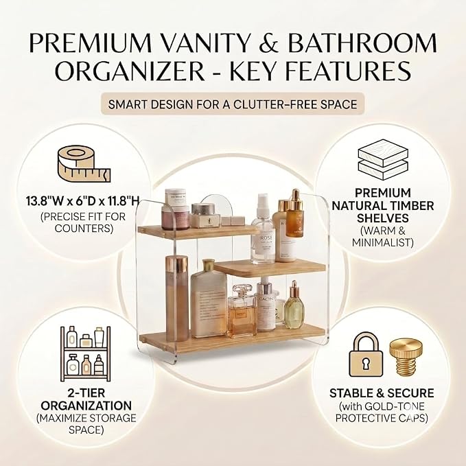 3-Tier Acrylic & Wood Bathroom Vanity Countertop Organizer Shelf - Image 7