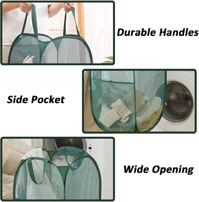 Pop Up Laundry Hamper, Reinforced Mesh Laundry Basket, Folding Clothes Storage Bin for Home, Dorm, Apartments, Travel (Green, Vertical) - Image 4