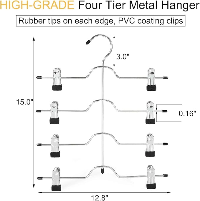 TOPIA HANGER 4 Tier Metal Skirt Hangers with Clips 80% Space Saving 4 Pack - Image 5