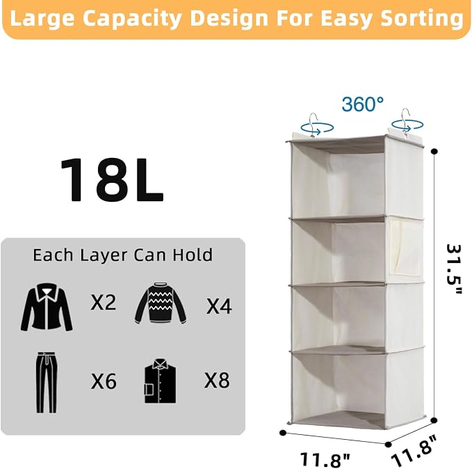 2 Packs Hanging Closet Organizer, 4-Shelf Closet Organizers and Storage with Side Pockets, Collapsible Hanging Shelves for Closet & RV & College Dorm,Beige - Image 2